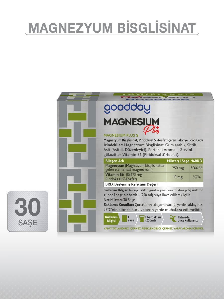 GOODDAY MAGNESIUM PLUS G (Mg. BİSGLİSİNAT) & P5P 30 SAŞE