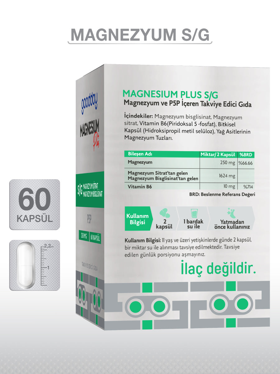 MAGNESIUM PLUS S/G (BİSGLİSİNAT SİTRAT & P5P)60 KAPSÜL