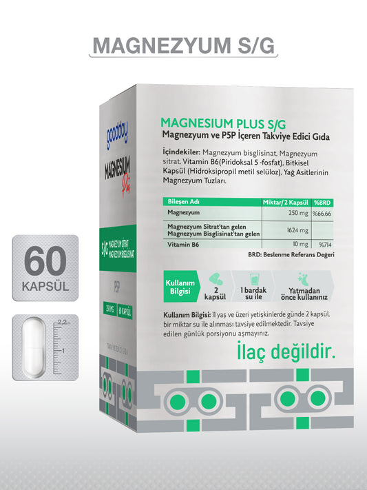 MAGNESIUM PLUS S/G (BİSGLİSİNAT SİTRAT & P5P)60 KAPSÜL